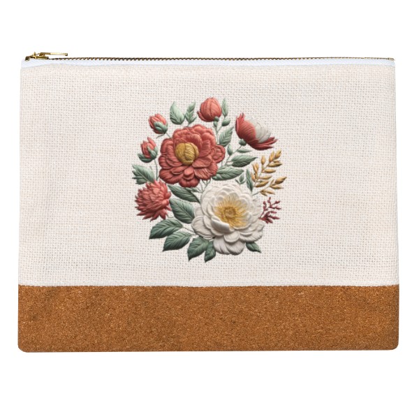 Penál lněný s potiskem vyšívané květy